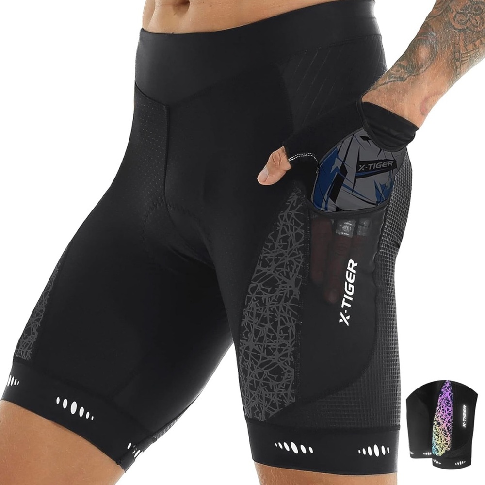 X-Tiger Mens Cycling Shorts Reflective Pockets Padded Stretch Tights Size XXL